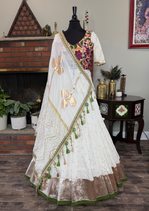 White Kutchi Long Blouse Chaniya
